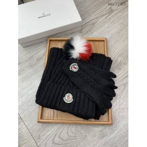 Moncler專櫃2023新品狐狸毛帽子圍巾手套 蒙口情侶款三件套羊毛套裝 mmyj1925