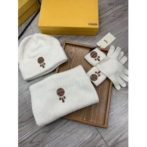 Fendi專櫃2023新品狐狸毛帽子圍巾手套 芬迪情侶款三件套羊毛套裝 mmyj1937