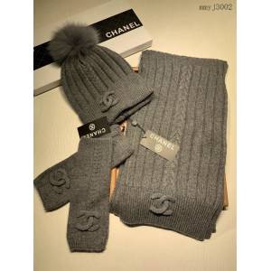 CHANEL專門店新款香奈兒三件套羊毛套裝狐狸毛帽子圍巾手套 男女通用情侶款 mmyj3002