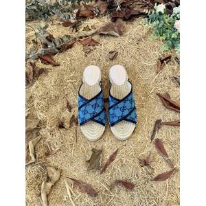 gucci彩色雙G提花環保水洗丹寧面料女士拖鞋 古馳2021早秋gucci系列草編涼鞋 dx1071