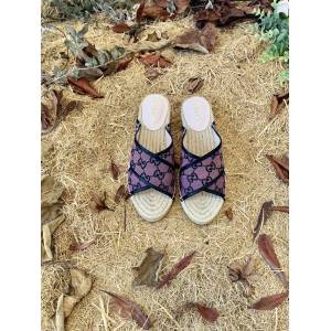 gucci彩色雙G提花環保水洗丹寧面料女士拖鞋 古馳2021早秋gucci系列草編涼鞋 dx1074