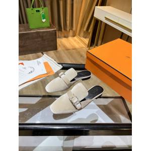 Hermes最新款半拖 愛馬仕琺瑯水晶扣天鵝絨女款半拖鞋 dx1214