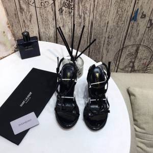 YSL聖羅蘭logo字母扣高跟坡跟草編織真皮涼鞋 dx1781