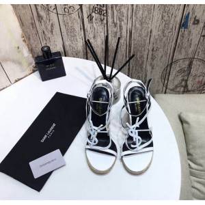 YSL聖羅蘭logo字母扣高跟坡跟草編織真皮涼鞋 dx1782