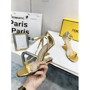 Fendi高捷手範思哲聯名款平底拖鞋 芬迪First鞋 金色金屬斜對角F形立體鞋跟 dx3452